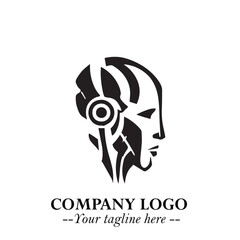 Head of Robot Logo Symbol in Black on the White Background Futuristic Minimalist Illustration