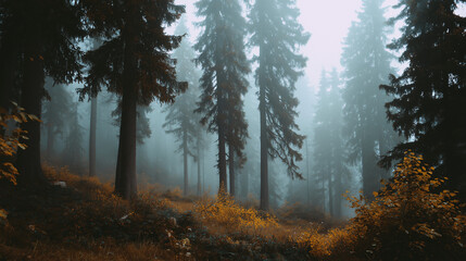 Misty pine forest in autumn with golden foliage on the ground, atmospheric nature landscape with fog and tall trees in moody light