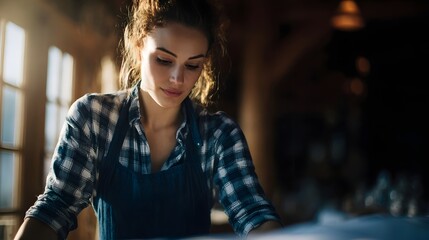 A focused woman in a workshop wearing a plaid shirt and apron working in natural light