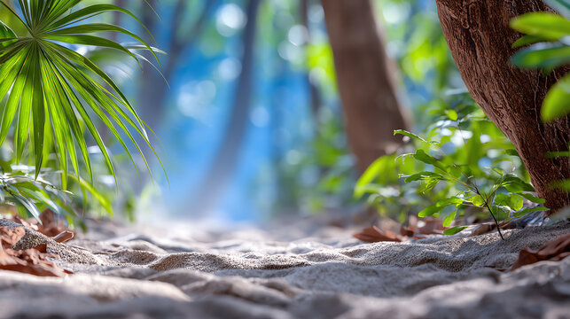 A serene forest pathway surrounded by lush greenery and sunlight filtering through the trees, inviting exploration and tranquility.