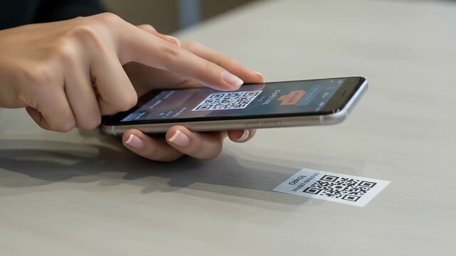 Illustration Of Hand Scanning QR Code On Mobile Phone On Desk
