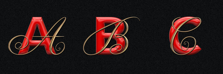 set of letters in a double typographic style, red sans serif font, golden calligraphic font, dark background, letter A, B, C