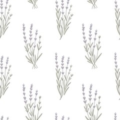 Lavender seamless texture with green stems and light purple flowers. Calming nature-inspired artwork for stationery, fabric or branding.