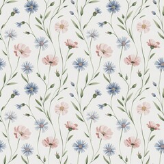 Botanical seamless texture featuring varied pastel blooms and leafy stems. Romantic spring artwork for wrapping paper, fabric or editorial use.