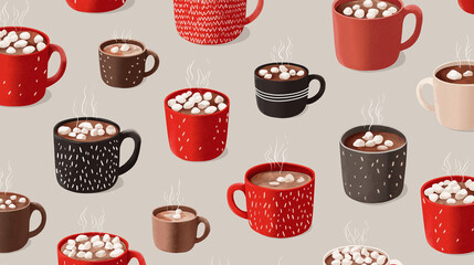 Seamless pattern of hot chocolate mugs with marshmallows in red, black, and brown on beige background, cozy winter drink design