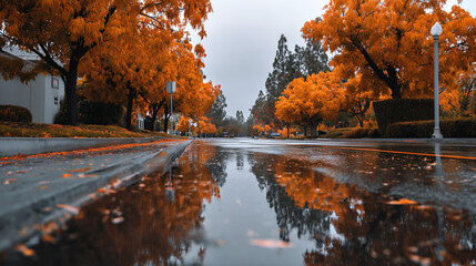 Empty street with autumn trees reflected in rain puddle, vibrant orange foliage and overcast sky in dramatic seasonal urban landscape photo