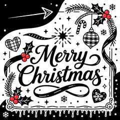 Merry christmas vector typography art design with christmas ornament and holly berries for holiday season