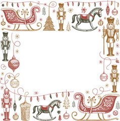 Vintage christmas border with nutcrackers sleighs ornaments and rocking horses for holiday design