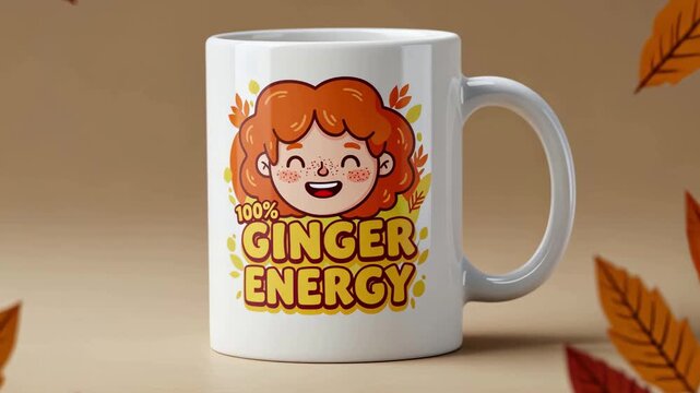 Happy ginger cartoon coffee mug with falling leaves in cozy autumn ambiance