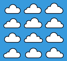 A blue background with a row of white clouds. The clouds are all different sizes and shapes. The image has a peaceful and calming mood. Vector.