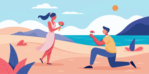 Fototapeta premium Man proposing to woman on a beach with flowers at sunset in romantic flat style illustration