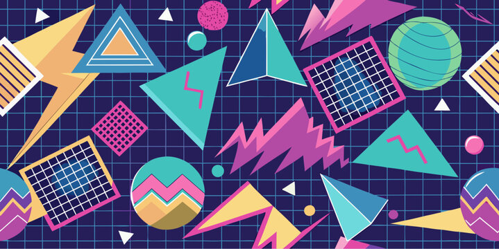Seamless abstract pattern with colorful geometric shapes and retro 80s style on a dark grid background