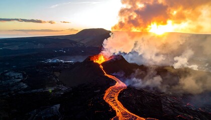 Aerial view of a volcanic eruption with flowing lava, steam, and a vibrant sunset sky