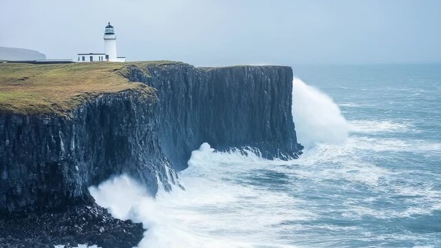 A white lighthouse sits atop a sheer cliff as powerful ocean waves crash below