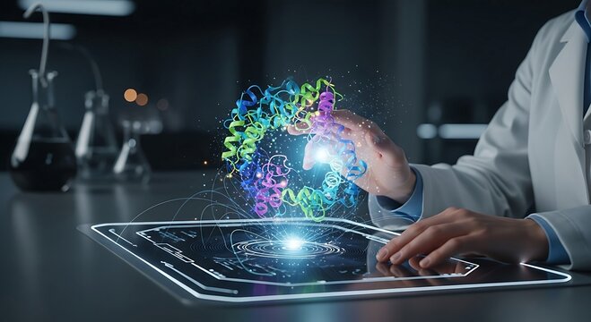 Scientist Analyzing Protein Structure with Futuristic Holographic Technology.