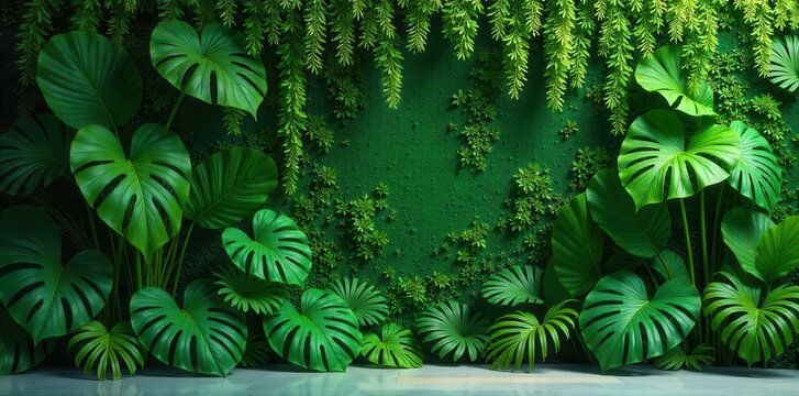 A vibrant botanical display showcasing an abundant variety of rich green tropical foliage climbing and thriving on a textured wall, creating a lush, serene natural background.