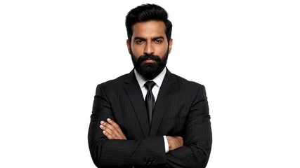 A serious indian businessman with a beard stands with his arms crossed, exuding authority and professionalism against a white background - Powered by Adobe