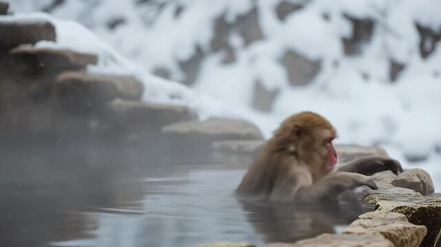Japanese Macaque Monkey Relaxing In A Hot Spring On A Snowy Day