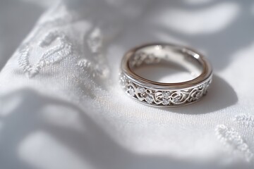 A close-up of a wedding ring resting delicately on a white surface, highlighting its intricate design and meaning.