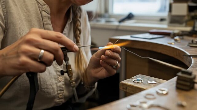 Jeweler Working with Torch Crafting Fine Metal Jewelry Realistic Video