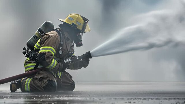 Firefighter in full gear spraying water from a hose during emergency fire suppression operation.