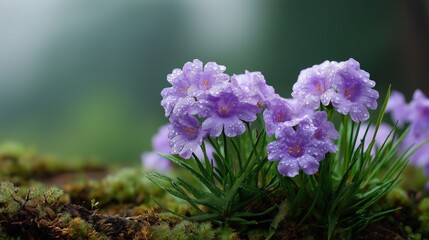 Obraz premium Purple Wildflowers Covered in Morning Dew