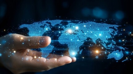 Futuristic Digital Connectivity Concept with Hands Displaying Global Network Across Virtual Sphere
