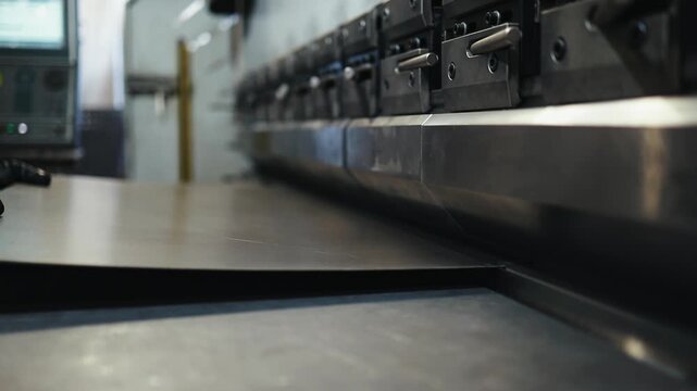Close-up view of a metalworker operating a hydraulic press brake machine in a factory, bending a large steel sheet with precision for industrial manufacturing and fabrication processes