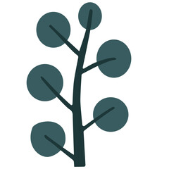 Dark teal berry branch with round leaves, ideal for minimalist, monochrome, or winter-themed decorative elements and pattern designs.
