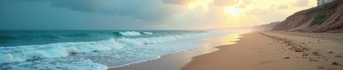 Obraz premium Melancholic Beauty Waves Crashing on a Deserted Shore, Evoking Solitude and Introspection. The vast ocean amplifies the feeling of peaceful emptiness and quiet grief.