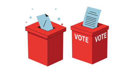 Two red voting ballot boxes with paper ballots inserted in a clean silhouette style illustration