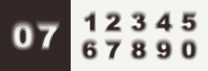 Halftone numbers in retro style. Blurred and fuzzy numbers with dots and circles. Raster spotted typeface. Vector illustration 