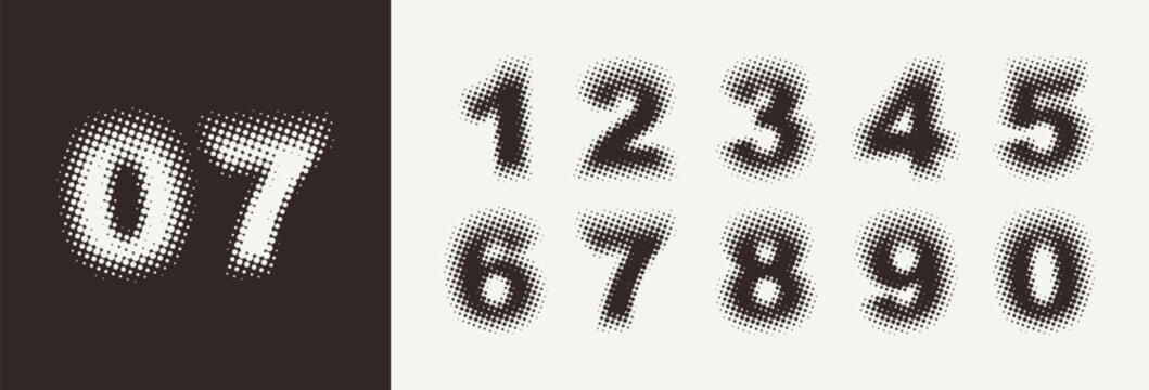 Halftone numbers in retro style. Blurred and fuzzy numbers with dots and circles. Raster spotted typeface. Vector illustration 