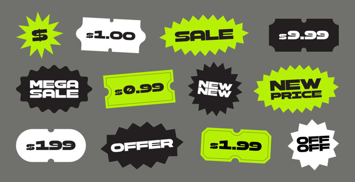 Super set of different price sticker and labels. Old price and sale stickers collection. Price tag mockup for shopping and business. Vector illustration 