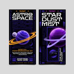 Vertical Space Posters Featuring Planetary Rings and Techno Decor © Macrovector