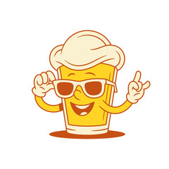 Comic funny beer glass cartoon character in sunglasses vector flat illustration. Funky smiley malt foamy alcohol beverage mascot in summer eyeglasses happy with rock gesture
