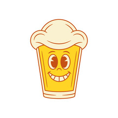 Funny cute beer glass cartoon character teeth smiling vector flat illustration. Comic adorable emoji malt foamy alcohol beverage mascot laughing having fun with positive emotion