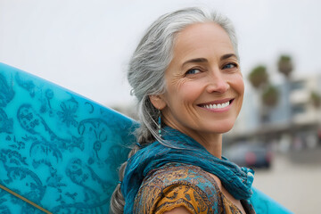 Joyful mature woman with silver hair smiles confidently holding a vibrant surfboard at the beach, embracing an active lifestyle