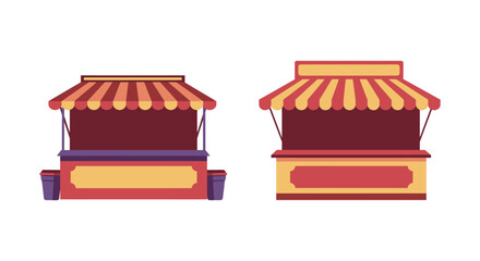 Two colorful market stalls or carnival booths with striped awnings and display counters in a simple silhouette style