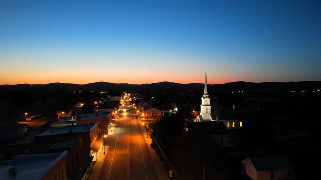 Twilight glow over a scenic main street in a small American town with a church steeple and distant mountains at dusk