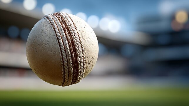 A Vibrant Cricket Ground Scene Featuring a Leather Cricket Ball Soaring Through the Air Gracefully
