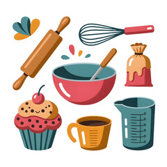 Baking Tools and Dessert Illustration &ndash; Whisk, Rolling Pin, Cupcake, Mixing Bowl, Coffee Cup, and Measuring Jug &ndash; Cute Kitchen Vector Clipart