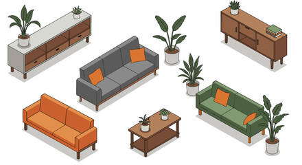 Modern isometric living room furniture set with plants and decor
