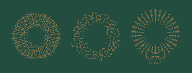 Thin line luxury Christmas wreath with holly, mistletoe. Holiday decorative vector elements. Winter season frame, fir branch, berry