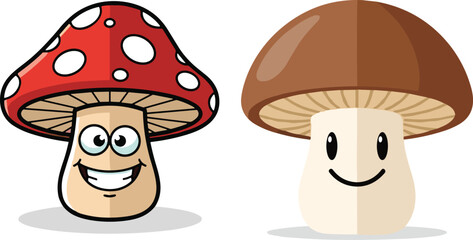 Two cartoon mushrooms with faces on a white background