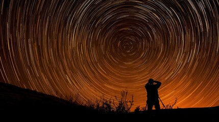 Star trails creating a radiant shower pattern above a silhouetted observer, immersed in celestial glow.