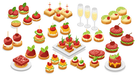 Colorful isometric canap&eacute;s and appetizers with fruits and bubbly
