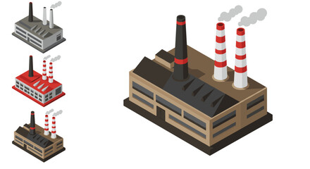 Obraz premium Isometric industrial buildings with red and grey chimneys emitting smoke