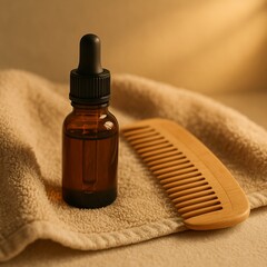 Hair Care Oil and Wooden Comb — Natural Wellness Routine Still Life