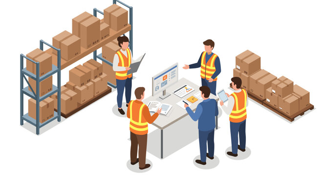 Warehouse team meeting in isometric style: logistics and inventory management
